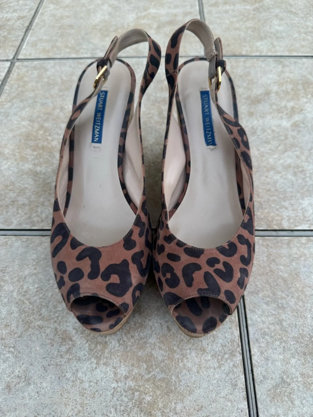 Stuart Weitzman Leopard Print Brown Cork Wedge Slingbacks - Picture 4 of 15